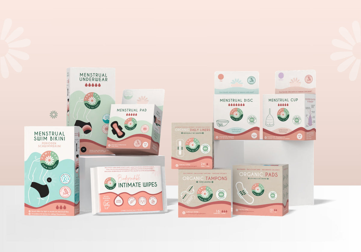 Femieko products: period underwear, pads, tampons, menstrual disc and menstrual cup