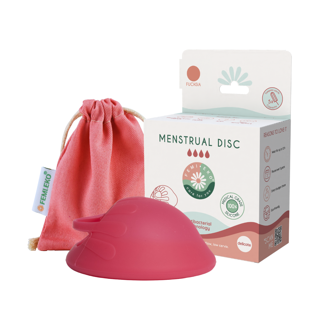 Femieko Delikate Safe menstruationsdisk fuchsia med emballage | fuchsia antibacterial menstrual disc with packaging