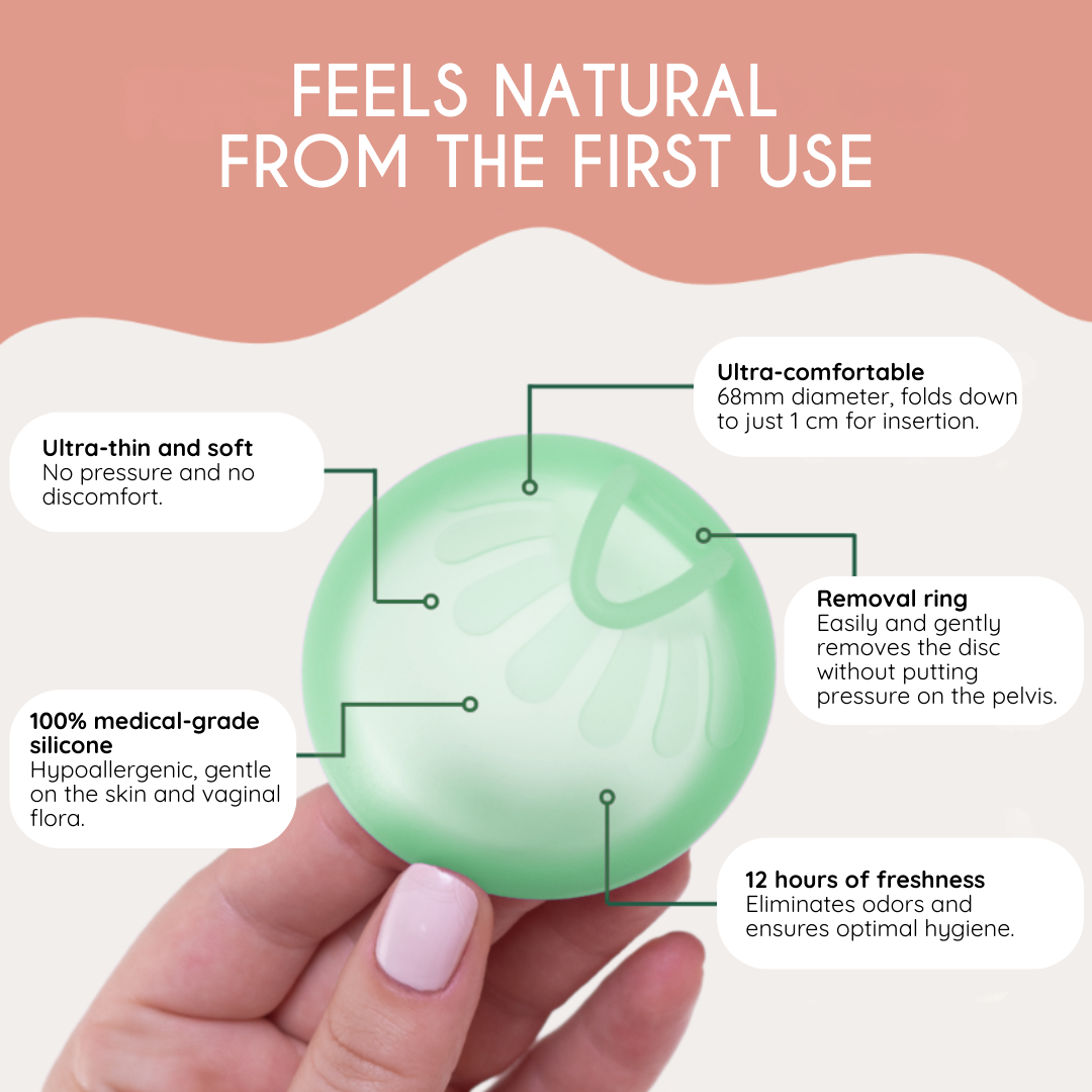 genanvendelig menstruationsdisk op til 12 timers beskyttelse | reusable menstrual disc up to 12 hours protection