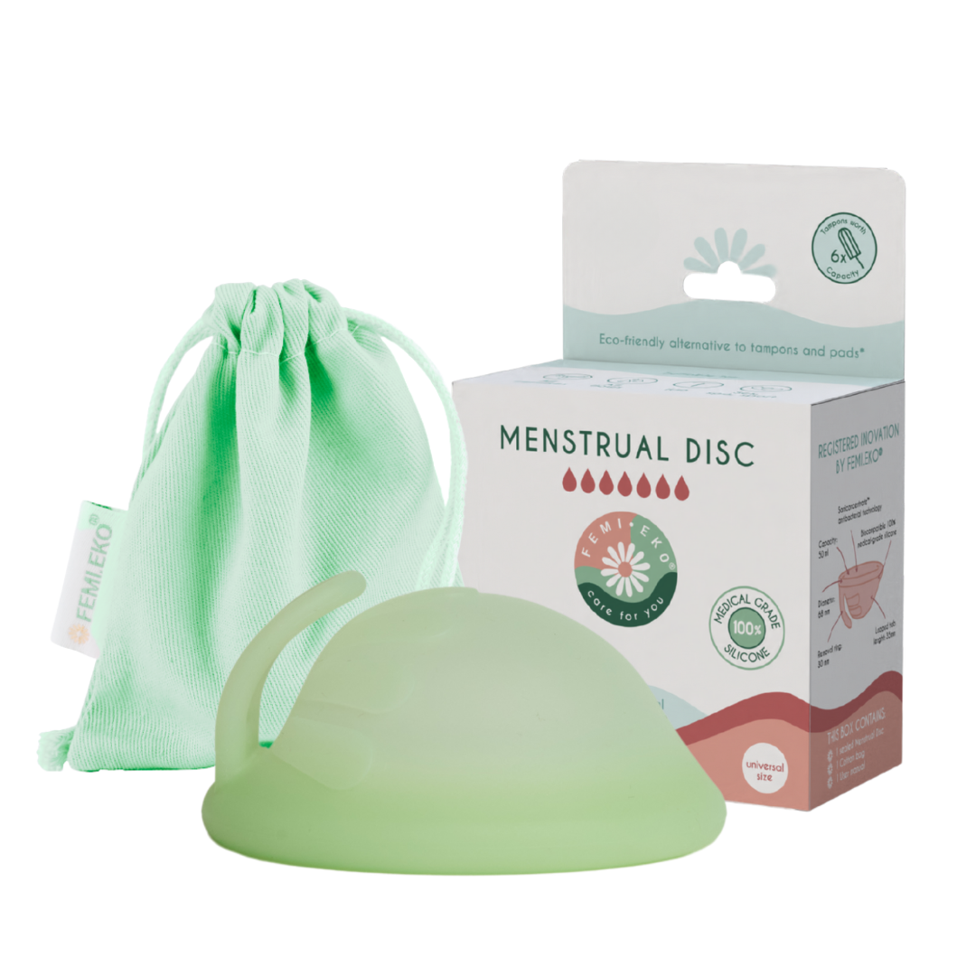 femieko Universal menstruationsdisk groen med emballage | green reusable menstrual disc with packaging