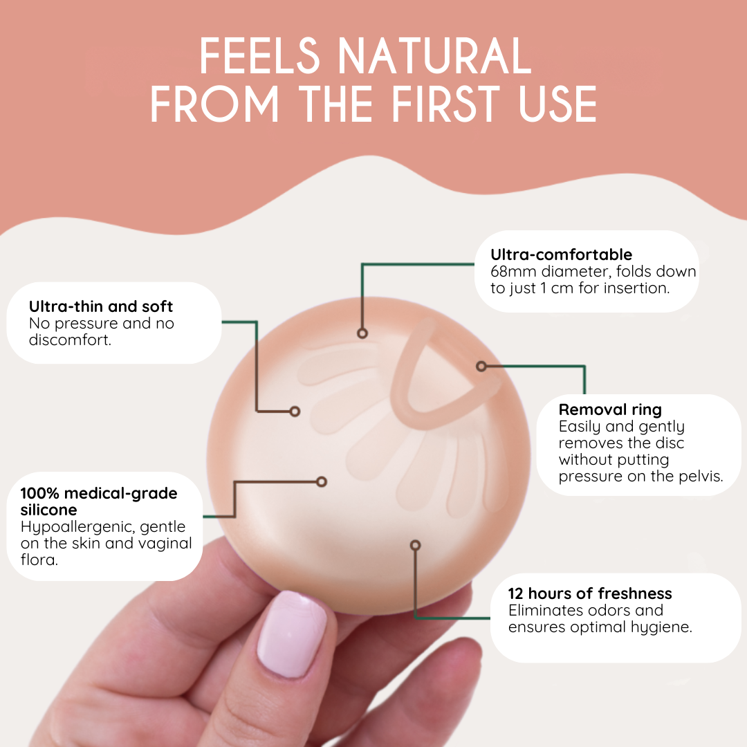 genanvendelig menstruationsdisk op til 12 timers beskyttelse | reusable menstrual disc up to 12 hours protection