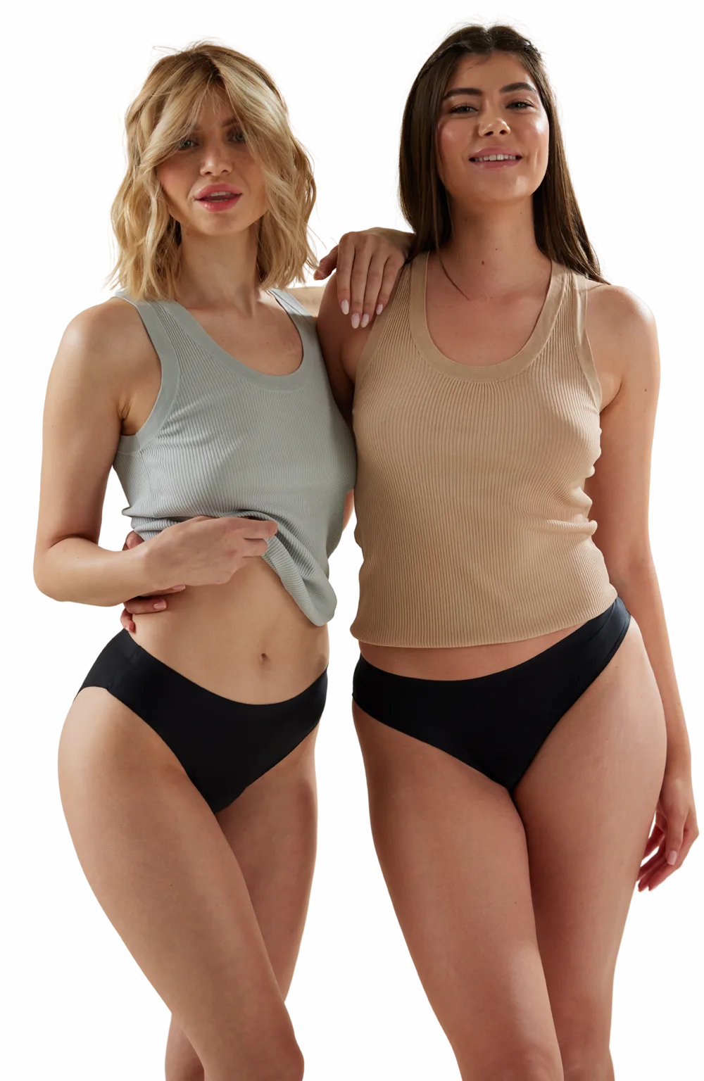 Two women wearing Femieko period underwear