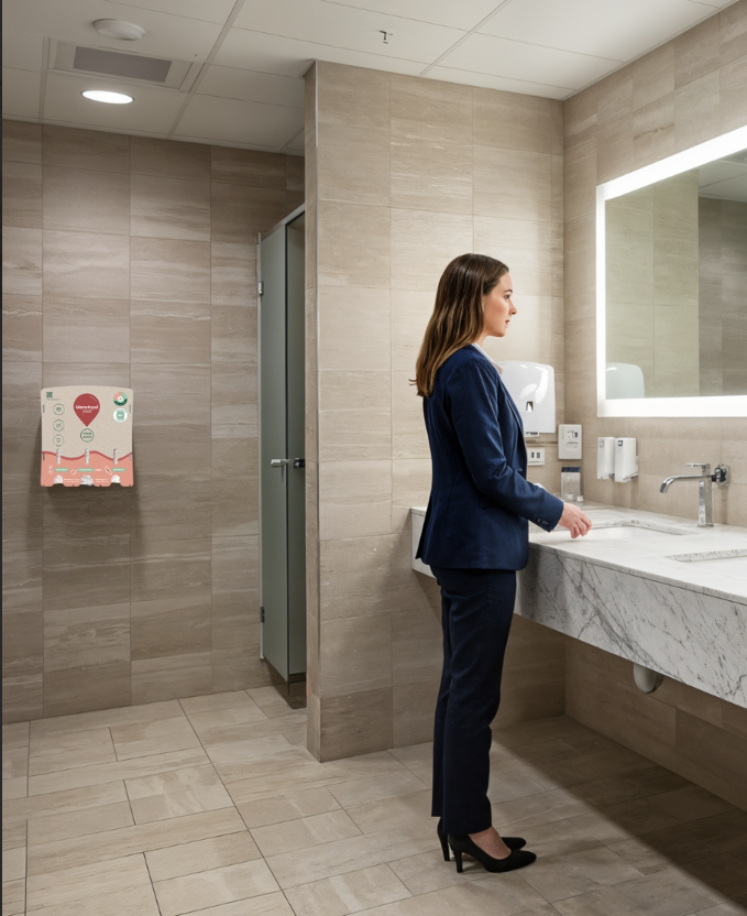 Femieko dispenser mounted in a restroom, next to the mirror and the entrance area