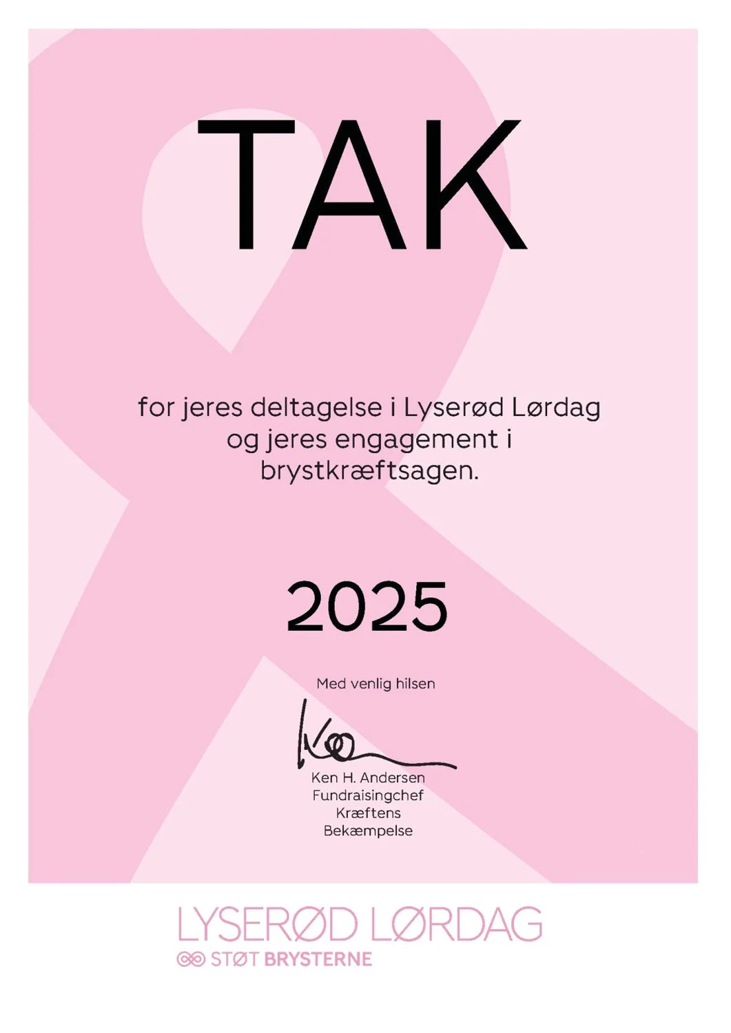 Thank-you letter from the Danish Cancer Society for taking part in Lyserød Lørdag 2025