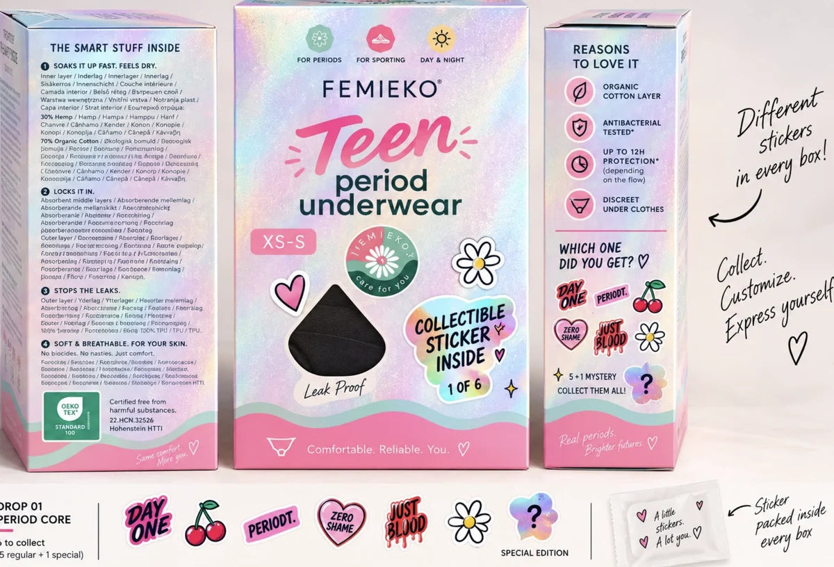 Femieko Teen packaging and collectible stickers in the original design